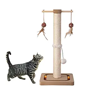 PEEKAB Cat Scratching Post Premium Sisal Scratch Posts with Tracking Interactive Toys Vertical Scratcher for Indoor Cats and Kittens- 25 inches Beige