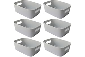 Mofarbe Plastic Storage Bins Small Bathroom Storage Baskets with Handles 6Pcs Storage Bin Pantry Organizer Bins Storage Containers for Home Kitchen (Plastic Grey)