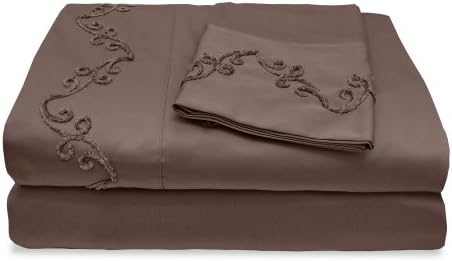 Veratex The Chenille Scroll Collection Contemporary 800 Thread Count 100% Cotton Sateen Pillowcase Pair with Embroidered Design, King Size, Espresso