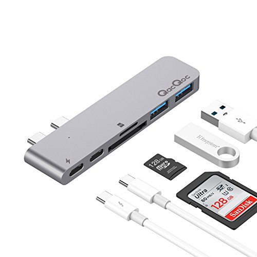 QacQoc Hub USB C USB-C vers USB Adaptateur Thunderbolt 3 40Gbs, 1 Lecteur de SD & Micro SD, 2 Ports USB-C, Ports USB 3.0, Compatible avec 13"/15" MacBook Pro/MacBook Air 2018 (EU-GN28A2-Gray)