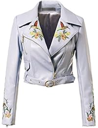 NiSeng Elegante Chaqueta de Cuero corta Y Bordado Chaquetas Imitación Cuero Moto Cazadoras para Mujeres