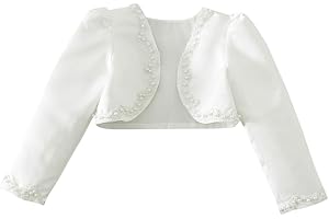 Freebily Fille Boléro De Demoiselle d'honneur à Manches Longues en Perle Enfant Gilet Mariage Boléro Cérémonie Veste Couvre Épaule Blanc 1-14 Ans