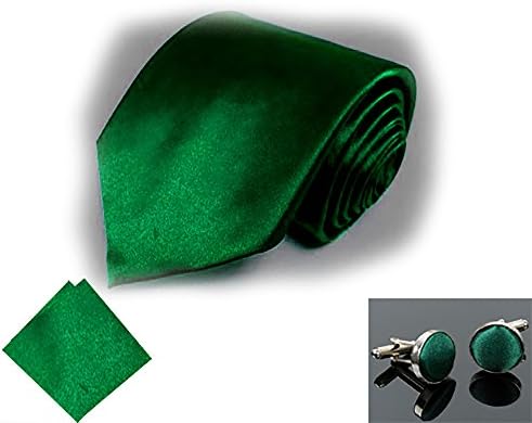 Sendmart Satin Plain Normal Classic Tie Party NeckTie + Pocket Square + CuffLink (Dark Green)