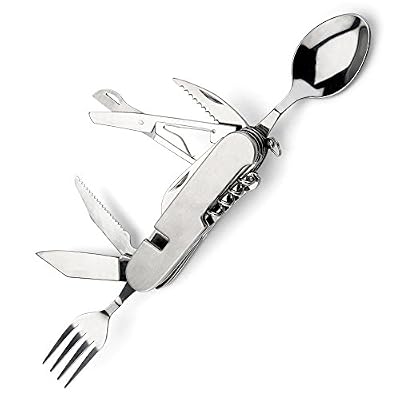 OPUL Couteau Suisse Couvert - Couteau de Camping - Outil Multifonction, Couteau de Poche avec Fourchette et Cuiller - Couverts d'Extérieur Pliables, Couteau Pliant - Kit de Survie par Opul