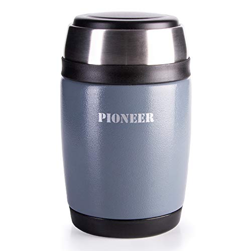 Pioneer Flasks - Termo Aislado al vacío, antigoteo y con Cuchara para sopas y Otros Alimentos, Acero Inoxidable, Gris Metalizado, 480ml