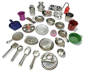 Plateau stores Steel Kitchen Set for Kids-Miniature Kitchen Set Real Cooking-Pack of 28 Comes in a Plastic Box