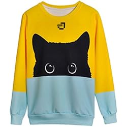 NiSeng Femenina Sudaderas Cuello Redondo Estampadas Animal Suelto Suéter de Pullover Gato M