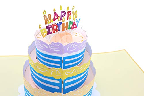 PopLife Happy Birthday Card - 3D Colorful Cake Pop Up Birthday Card - HBD Candles - Fold Flat for Mailing - Gift for Grandkids, Grandma, Over the Hill, Three-tier Cake, Surprise Party, Small Gift