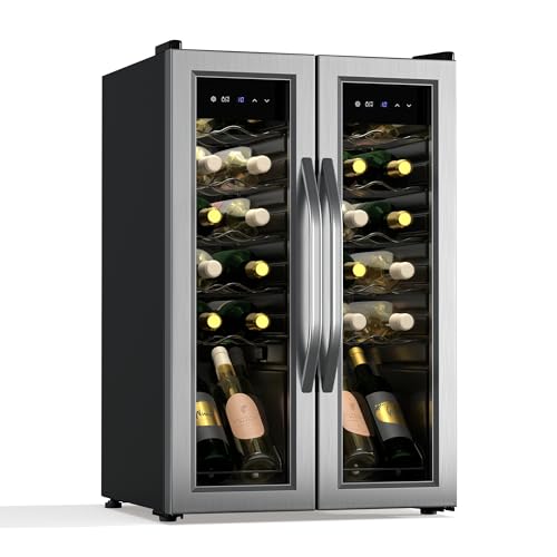 KLARSTEIN Vinamour - Frigorifero per Vino a 2 Zone - 24 Bottiglie, 5-18°C, Controllo Touch, Illuminazione LED, a Libera Installazione, Doppio Sportello in Acciaio Inox, Frigorifero per Vino