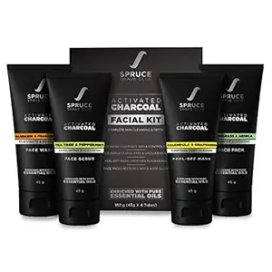 Spruce Shave Club Charcoal Facial Kit For Men | For Blackhead Removal, Deep Skin Cleansing & Oil Control | Face Wash, Face Scrub, Peel Off Mask, Face Pack | No Sulfates Or Parabens
