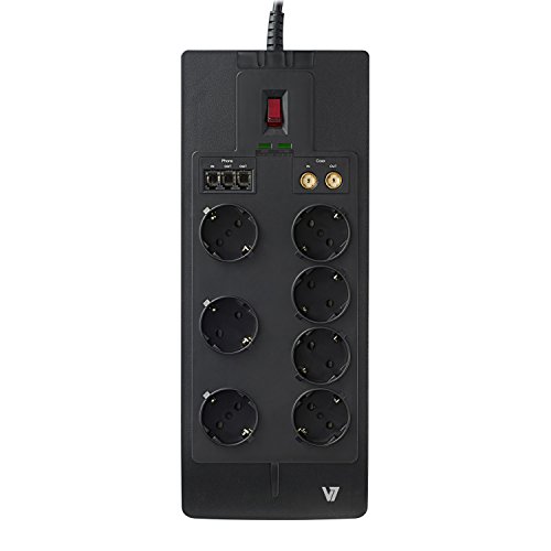 V7 SA0718B-8E5 Überspannungsschutz-Steckdosenleiste 7-fach (EMI-/RFI-Rauschfilter, Hauptstromschalter, Telefonschutz 1x in/2x out, Koaxial-/Antennenkabelschutz in/out) schwarz - 2