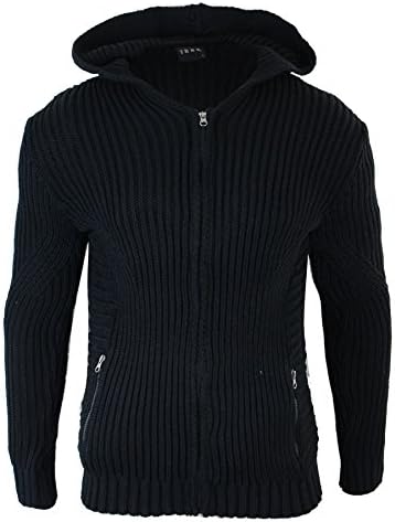 Mens Knitted Hooded Zip Cardigan Thick Jumper Jacket Wool Grey Warm Winter