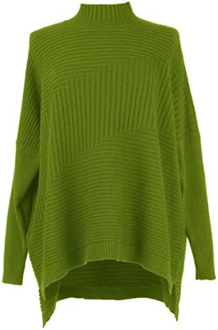 TEXTUREONLINE Texture Online Ladies Women Lagenlook Quirky Long Sleeve Funnel Neck Ribbed Panel Wool Angora Mix Sweater Jumper Top One Size Plus UK 8-22 (Lime Green, One Size)