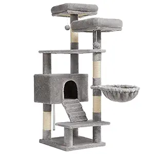 FEANDREA Cat Tree, Cat Tower for Indoor Cats, 55.9-Inch Cat Condo with Scratching Posts, 2 Plush Perches, Basket, Large Cat Cave, Ramp, Cat Activity Center, Light Gray UPCT160W01