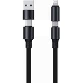 PDAteknoloji 4 in 1 Usb-A+Type-C to Type-C+Lightning İle Uyumlu S&uuml;per Hızlı Şarj ve Data Kablosu Siyah(YK-K347, 4 in 1)