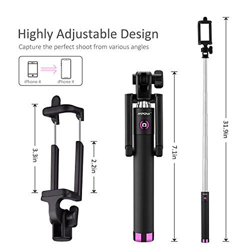 Mpow iSnap Pro X - Palo Selfie Bluetooth Monopod Extensible Remoto Port  til Antideslizante Universal para Selfie con Obturador Integrado y Correa para iPhone8  iPhone7  iPhone7 Plus iPhone 6Plus 6s 5 4S 4  iPad 3 2  mini iPad  Color rosa