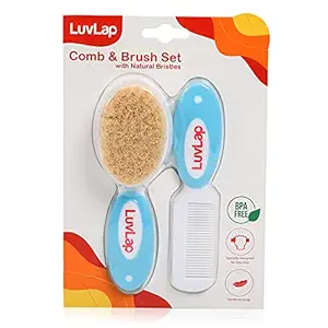 Luvlap Baby Comb with Rounded Tips & Hair Brush with Natural Bristles for Better Protection of Scalp, White and Blue, 2 Count