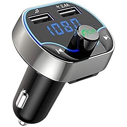 Bovon Transmisor FM Bluetooth 5.0, Transmisor de Radio Inalámbrico Kit Adaptador de Coche con Función Manos Libres, Puertos USB Dobles (5V / 2.4A y 1A), Acepta Tarjetas SD, USB, y Flash Drive