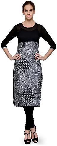Indi Dori Women's Polyester Black Solid Yoke Tribal Print Kurti XXL Multi