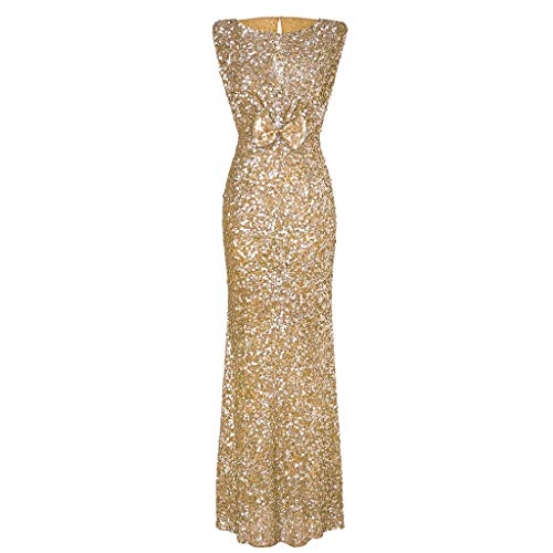 DAY.LIN Liquidation Robes Longues Femmes Paillette Vintage Dos sans Manches Prom Soirée Fête Formelle Robes de Bal Demoiselle d'honneur Jupe Cocktail Clubbing Robes(Large,Or)