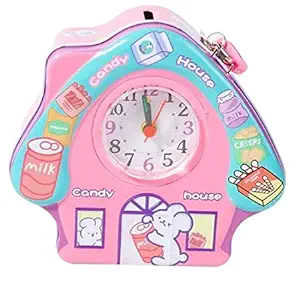 WISHKEY Cute Attractive Metal House Piggy Bank with Battery Operated Clock, Security Lock & Keys for Kids Money Saving Storage Coin Collector Box Hut for Kids (Pack of 1 , Multicolor)