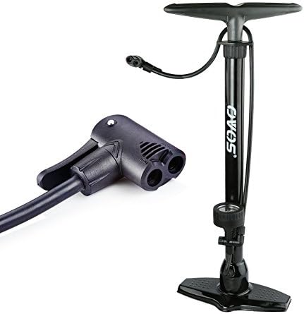OVOS Steel Floor Pump with Gauge &amp; Smart Valve Head 180 psi Automatically Reversible Presta and Schrader Bonus ball needle and inflation cone (Shine Black)