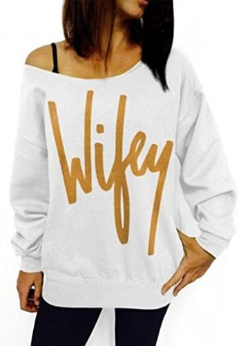 Bestop Women Ladies Long Sleeve Letter Print Loose Sweatshirt Cotton Off Shoulder Pullover Tops Blouse Shirt Sweater (XL, Gold)