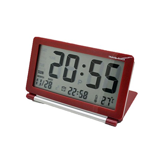 SoleSu Digitalwecker Schreibtisch LCD-Uhr superdünn Clamshell Elektronische Reisewecker mit Thermometer – Rot - 2