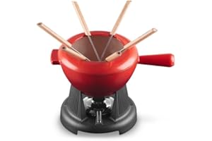 Le Creuset Enamelled Cast Iron Fondue Set, With Adjustable Burner and 6 Forks, For Cheese/Chocolate/Meat, 1.6 Litres, Cerise, 60020000602460