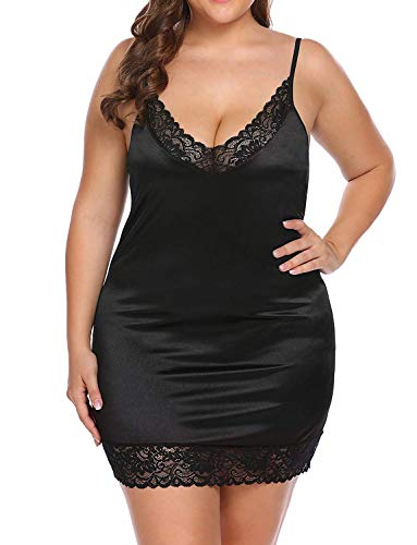 Women's Plus Size Full Slip Sexy Deep V -Neck Lace Chemise Nightie Adjustable Spaghetti Strap Strechy Lingerie Under Dress Intimate