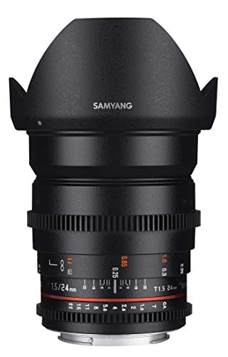El Mejor Precio Samyang F1312801101 - Objetivo para vídeo VDSLR para
Canon EF (Distancia Focal Fija 24mm, Apertura T1.5-22 ED AS IF UMC II,
diámetro Filtro: 77mm), Negro en Amazon