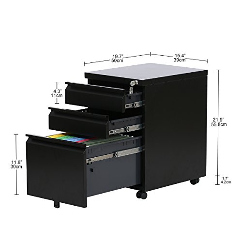 DEVAISE Mobile 3 Drawer Filing Cabinet / Pedestal for A4 ; All-Steel, Lockable, 60cm H, New Black