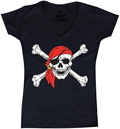 Shop4Ever® Jolly Roger Skull Crossbones Women's V-Neck T-shirt Pirate Flag Shirts SLIM FIT - Large