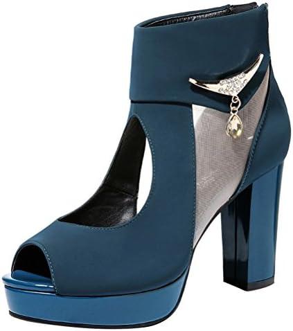Worply Ladies Platform Chunky Heels Peep Toe Zip Fashion Sexy Hollow Ankle Boots Shoes(4.5 UK, Blue)