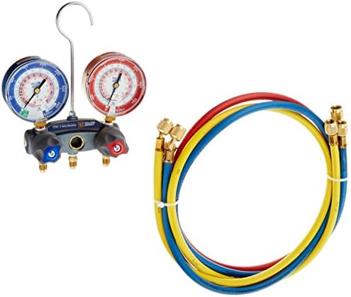Yellow Jacket 49867 Titan 2-Valve Test and Charging Manifold degrees F, psi Scale, R-22/404A/410A Refrigerant, Red/Blue Gauges