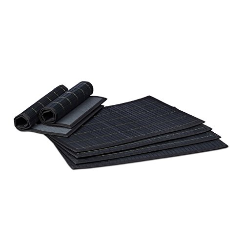 Relaxdays Tischset 6 teilig Platzdeckchen aus Bambus 6er Platzset mit rutschhemmender Unterseite 6 Tischmatten abwischbar Bambusmatte für den Esstisch 30 x 45 cm, schwarz