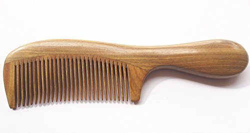 Meta-C Sandalia Verde Natural Madera peine hecho a mano - NO SNAGS, NO TANGLE, NO ESTÁTICA (Mango Corto - Diente Estándar)