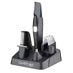 Groomiist Face & Body Multi Grooming Trimmer and Shaver PT-303 for Men with Beard Trimmer, Nose Trimmer, Foil Shaver and Balls & Body Trimming Head - 90 Mins Run Time Fast Charging Battery - Rounded Blades - Charging Stand - Waterproof | 2 Years Warranty (Black)