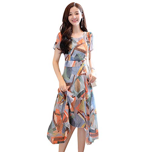 Duevin Vestito Elegante Stampato Floreale Lungo Irregolare Manica Corta delle Donne Casual (L)