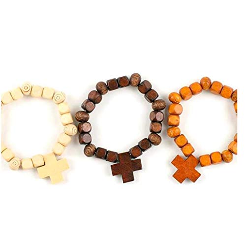 Lote 12 unidades Pulsera madera de cruz en 3 colores. Talla única elastica. Detalles invitados boda, comunion, bautizo baratos.