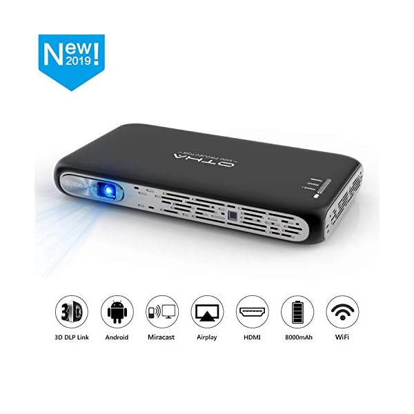 OTHA T7 Mini Beamer, Mini Projektor 3D DLP Beamer 200ANSI Lumens, 300'' Android Projektor Tragbarer Beamer Heimkino Unterstützung 1080P 4K, WiFi Bluetooth HDMI Beamer mit Akku für iPhone/Laptop/PS4