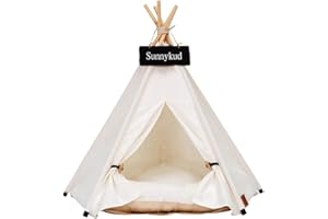 Sunnykud Tipi Zelt für Haustiere Hundezelt Katzenzelt Haustierzelte Häuser mit Kissen Abnehmbar und Waschbar Haustierbett Wegklappen Haustier Hundebett Katzenbett (S:40x40x50cm, weiß)