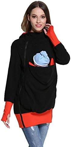 Multifunction Pregnant Women Mom Kangaroo Sweater Kids Pet Hooded Pocket Loose Zipper Coat . Black . Xl