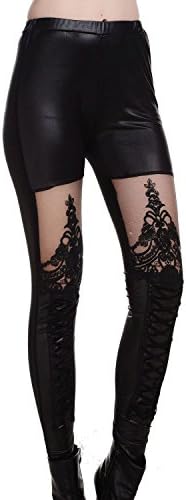 COSIVIA Women's Sexy Fashion High Waist Punk Black Lace-up Faux Leather Gothic Tight Pant (Black)