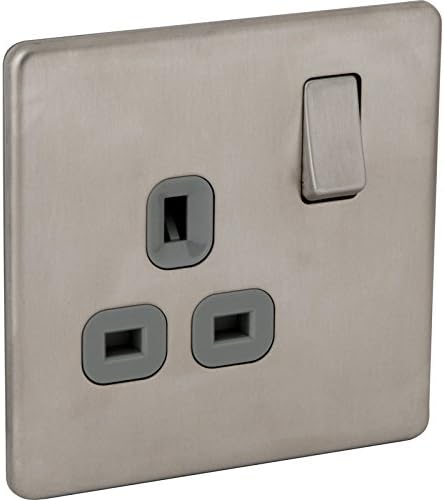 Screwless Flat Plate Brushed Stainless Steel 13A DP Switch Socket 1 Gang