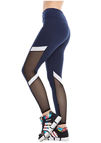 CHIC DIARY Collant de Sport Fitness Yoga Danse Slim Legging Pantalon Stretch Longue Amincissant Gaze Transparent pour Femme Fille(Bleu foncé-S/M(EU 32-38))