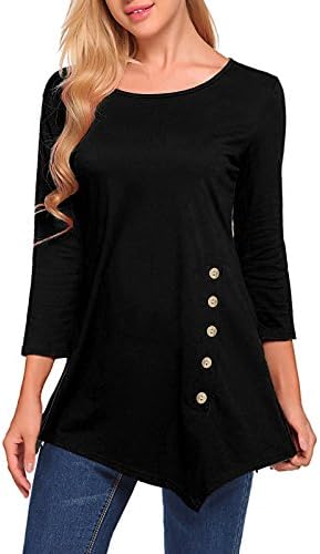 Tunic Tops for Leggings for Women, DSUK Ladies Scoop Neck Half Sleeve Buttons Decorative Flowing Hemline Loose-Fitting Baggy Winter Vintage Stylish Swing Tee Shirts for Dating Black Large