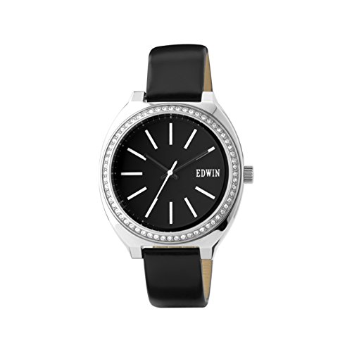 Edwin ERA Women’s 3 Hand Watch, Stainless Steel Case with Black Leather Band