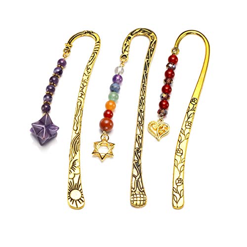 CrystalTears 3 Pcs Gold Metal Bookmarks 7 Chakra Healing Crystals Beading Bookmarks with Merkaba David of Star Heart-Shape Pendant for Women Men
