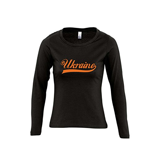 Ukraine Oldschool Ukraine LÄNDERSHIRT EM / WM FAN Trikot – Damen Langarm Longsleeve T-Shirt S-XL , Deep black – orange , L